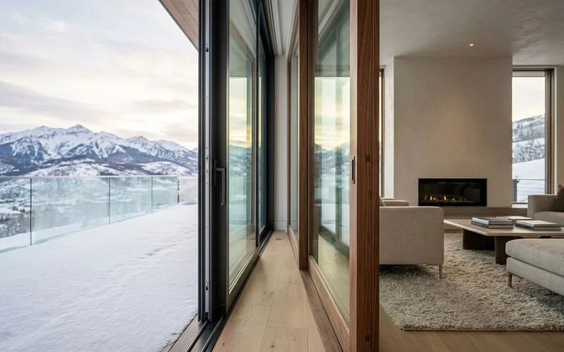 Close comparison of aluminum and wood door edges showing frame slimness