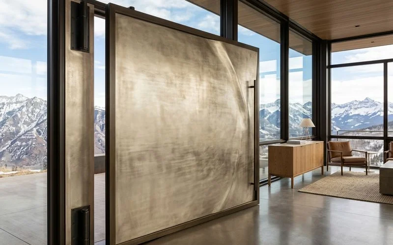 Close detail of a metallic champagne finish on a sculpted pivot panel