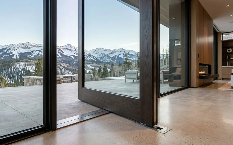 Detail of concealed pivot hardware at the base of an oversized door panel