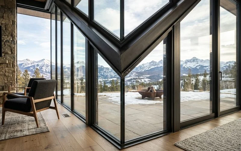 Detail of a custom-shaped glass panel meeting an unusual frame angle