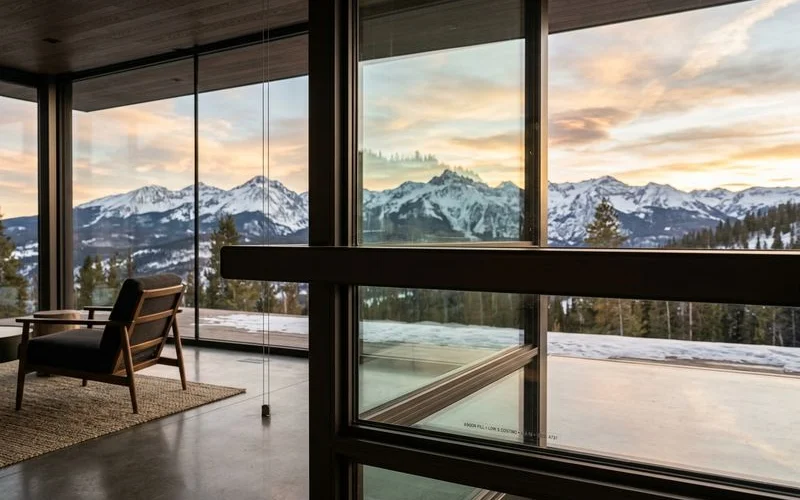 Detail of a low-E coated pane with argon-fill reference against a mountain backdrop