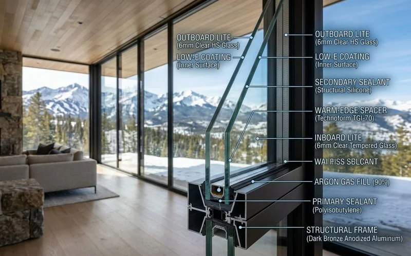 Detail of a low-E insulated glass unit edge with a subtle spec overlay