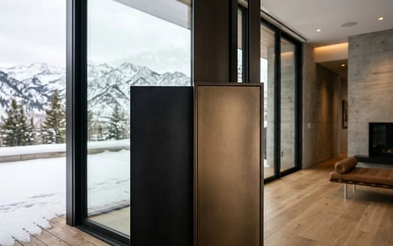 Detail of matte black and pearl bronze finishes side by side on entry panels