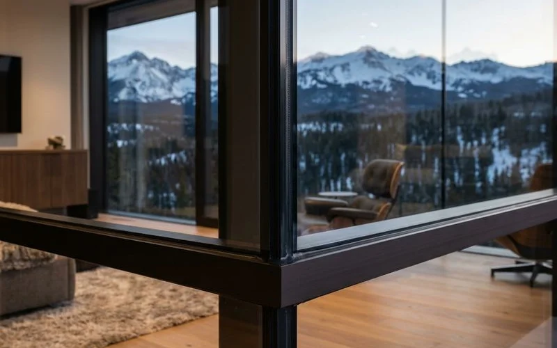 Detail of a mitred aluminum corner and structural seal on an installed glass wall