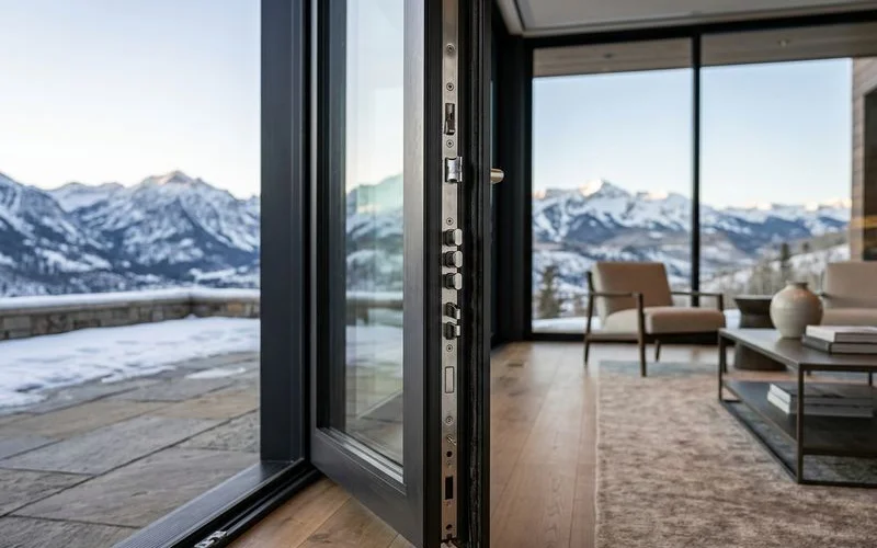 Detail of a multi-point locking mechanism edge on an open aluminum door