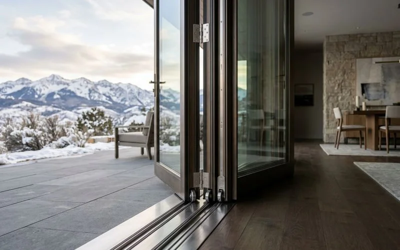 Detail of stacked bi-fold panels and stainless track