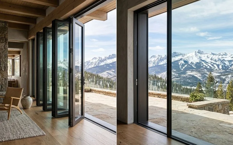 Detail of stacked bi-fold panels vs a slim sliding pocket