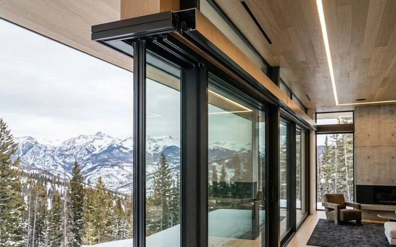 Detail of a structural head supporting a wide sliding glass system