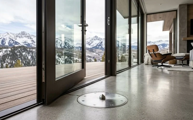 Detail of a sub-floor pivot closer set into a concrete slab, technical composition