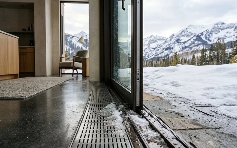 Detail of threshold drainage on a sliding sill with melting snow