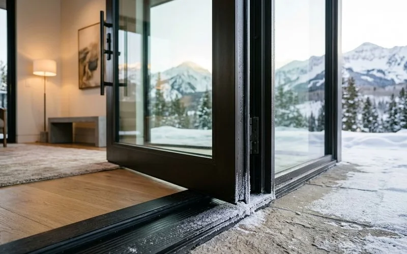 Detail of a weather seal on a pivot door with frost nearby