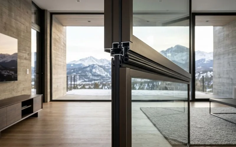 Macro of a concealed seal line at the top of a pivot door