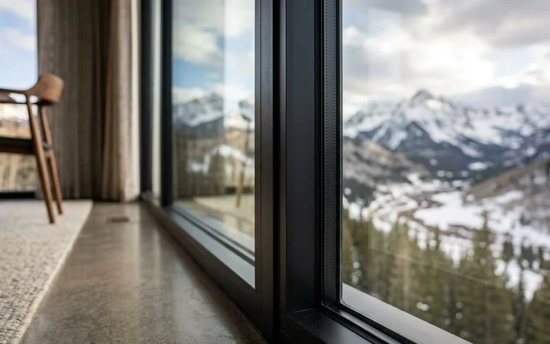 Macro of an insulated glass unit edge seal against a blurred alpine backdrop