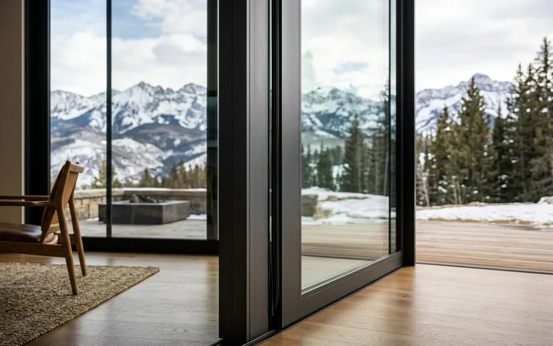 Macro of an ultra-thin sliding door meeting stile between two glass panels