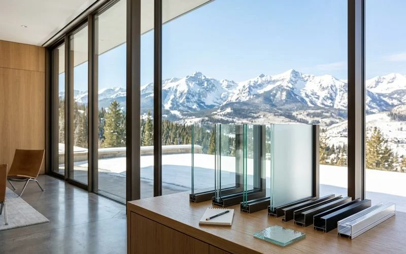 Minimalist consultation vignette with glass and track samples