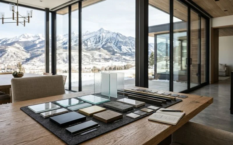 Minimalist vignette of finish and glass options laid out for a consultation