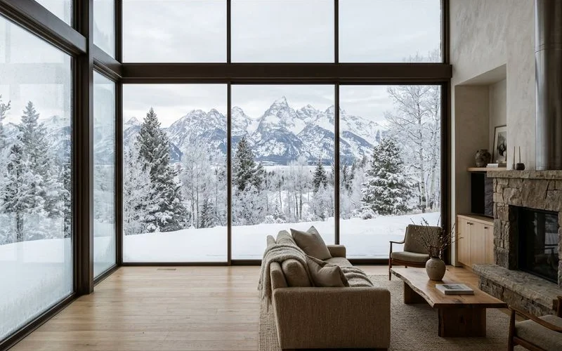 Warm minimalist mountain interior with frost outside the glass wall, no condensation on the frame