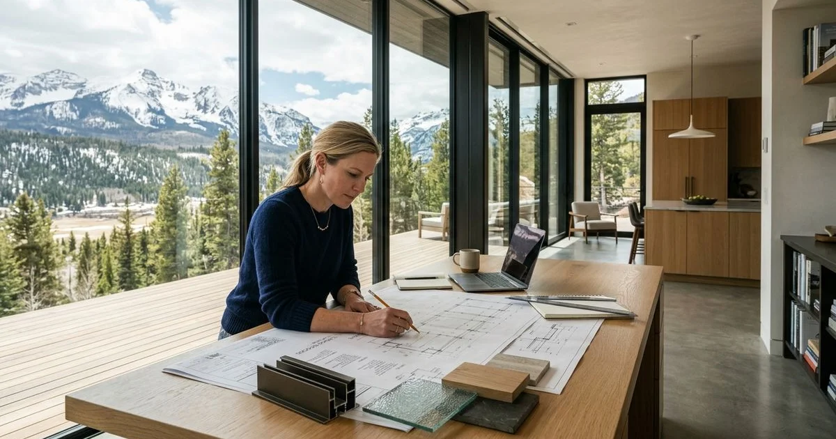Architect reviewing large-format glazing drawings with finish samples on a minimalist studio desk