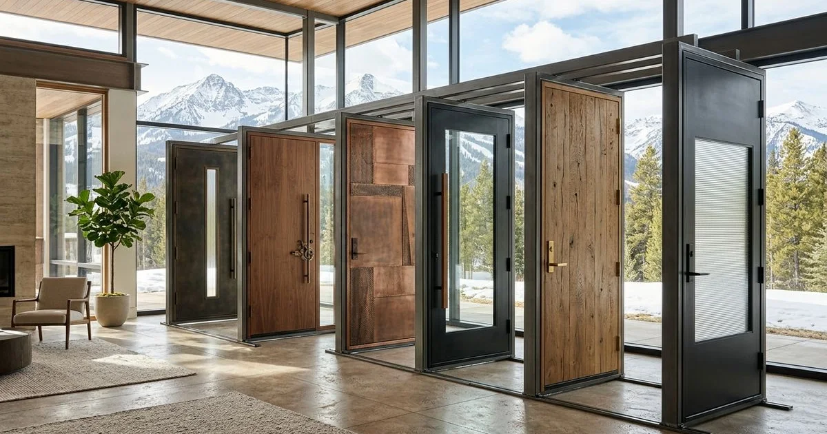 Array of luxury entry door panel styles in different finishes in a refined showroom, editorial