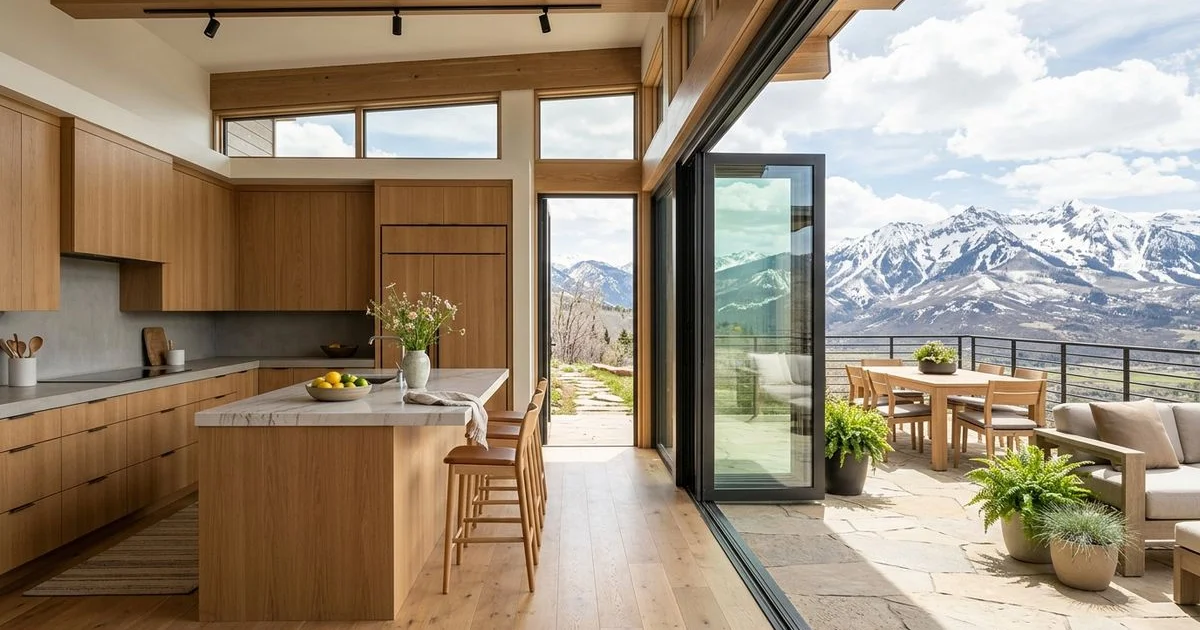 Bi-fold glass wall mid-fold opening a modern kitchen to a terrace, bright airy light