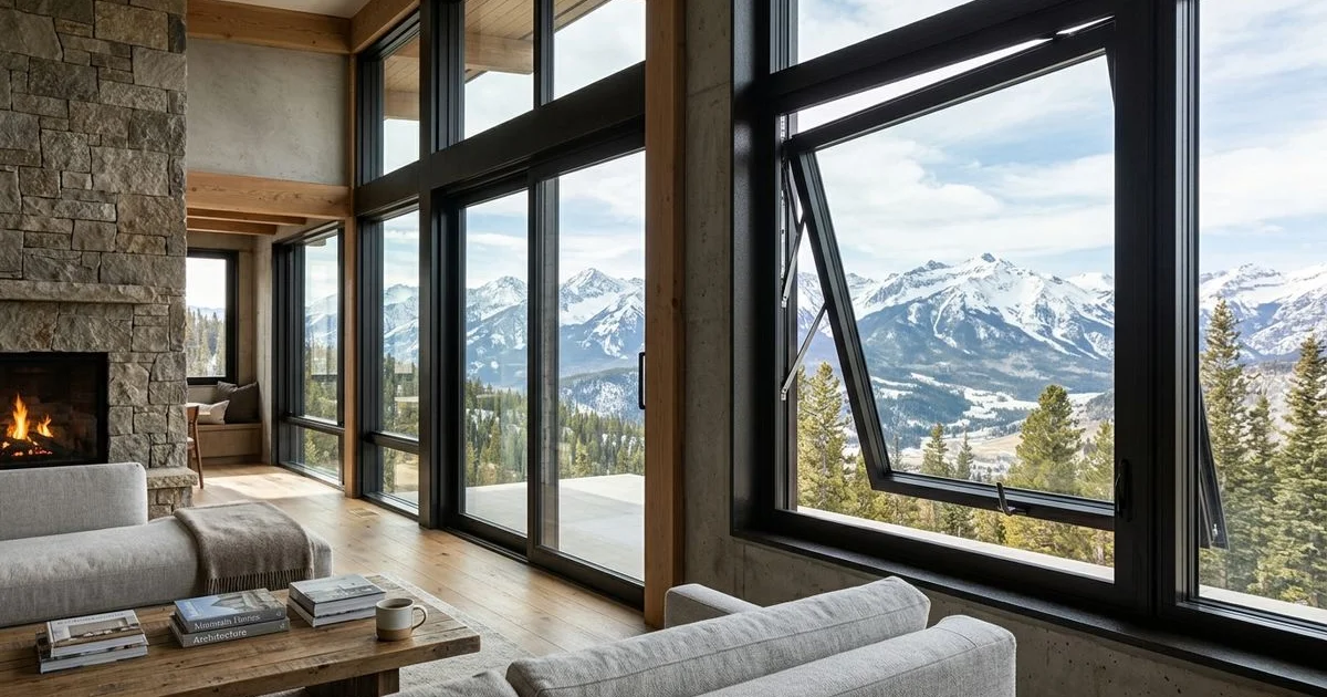 Casement aluminum window cranked open in a modern mountain interior, fresh air and view