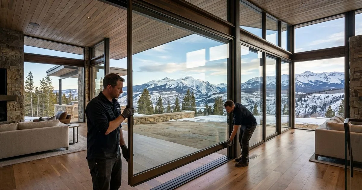 Certified installation crew aligning a massive glass panel in a modern Colorado home with mountain views