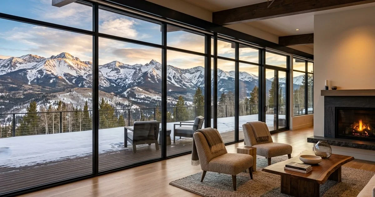 Clear glass wall of a mountain home framing snow-capped Colorado peaks at high elevation