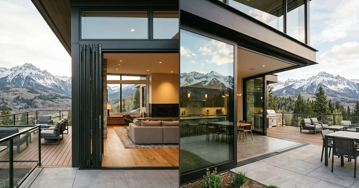 Comparison of a fully folded bi-fold wall and an open sliding wall on modern patios