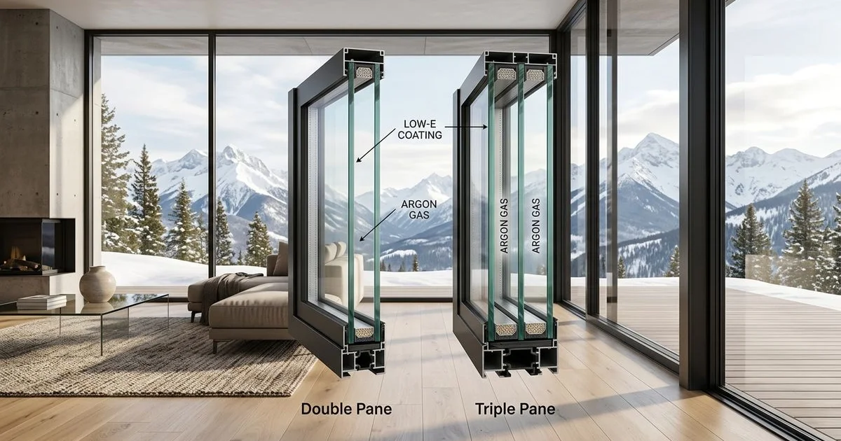 Cross-section visual of double vs triple-pane glazing units, clean editorial composition