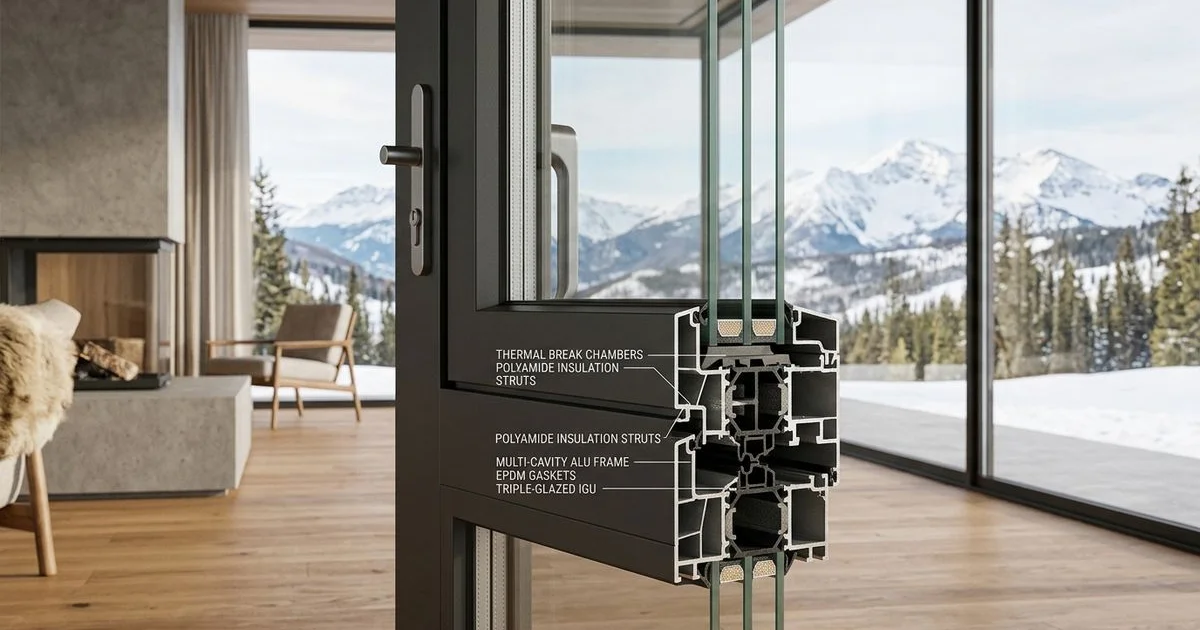 Cutaway-style detail of a thick multi-cavity aluminum entry door frame, studio composition