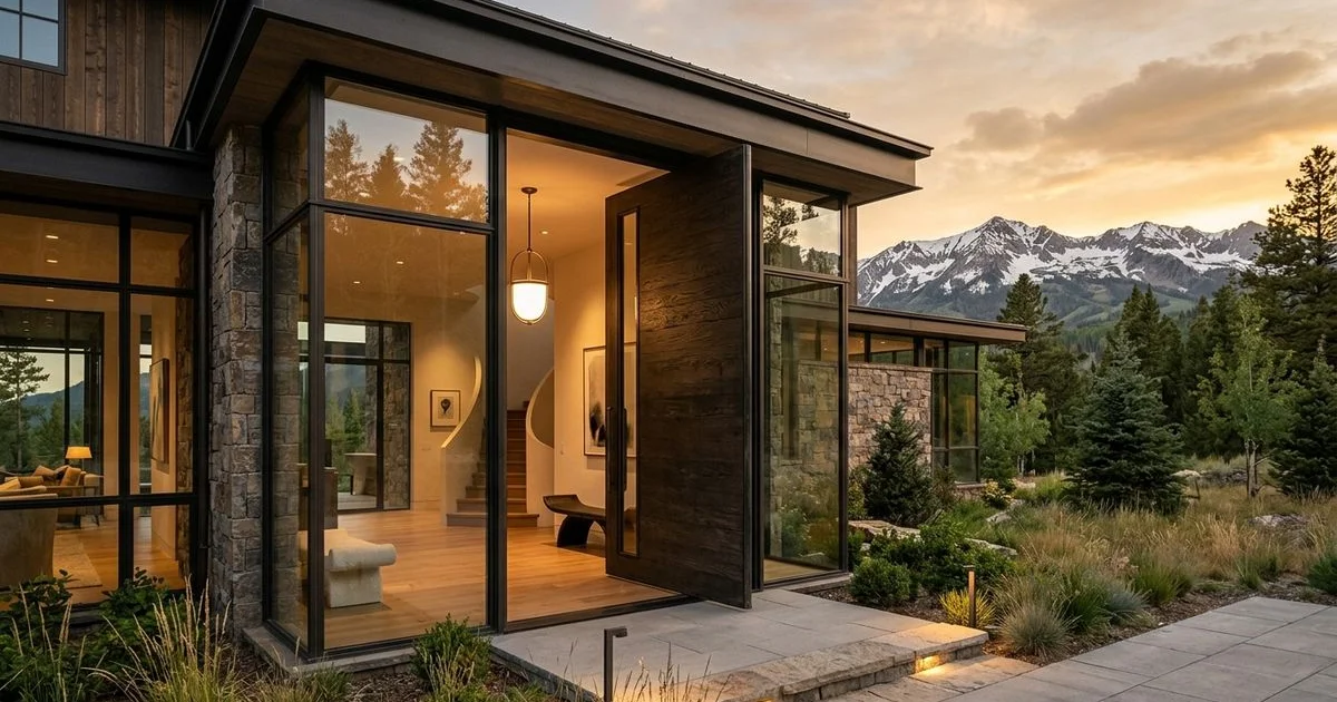 Elegant oversized pivot door entrance of a high-end Colorado home at golden hour, aspirational