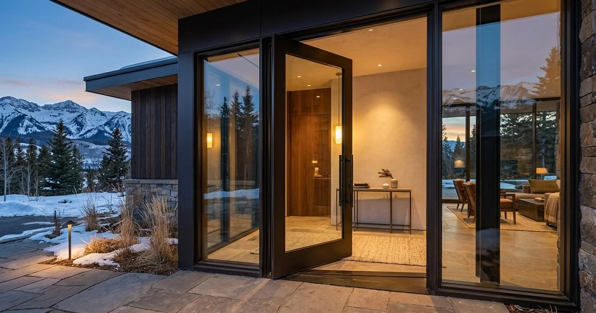 Elegant secure entry door of a high-end home at dusk, warm interior glow, reassuring mood
