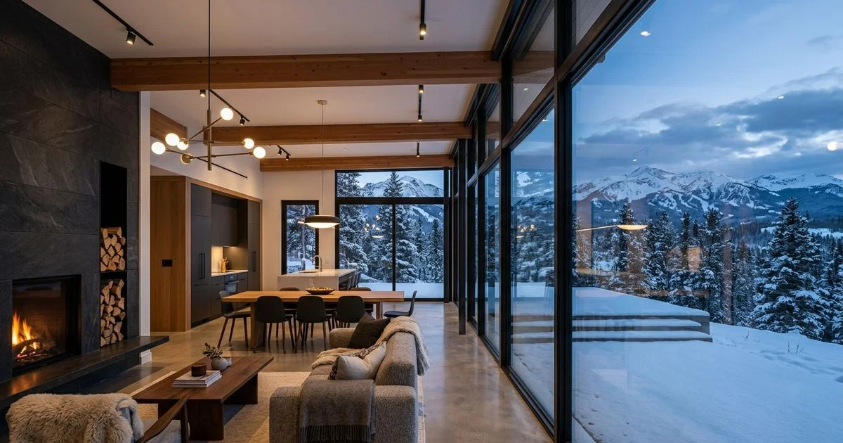Expansive glass wall in a modern Summit County home, energy-efficient and warm despite snow outside