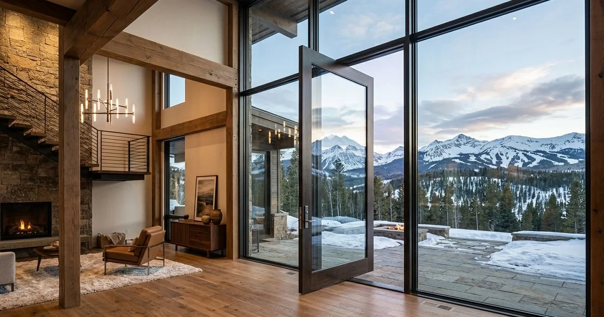 Extremely tall custom pivot door in a double-height modern mountain foyer, dramatic scale