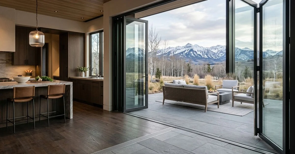 Flush barrier-free bi-fold threshold between a kitchen and patio, seamless transition