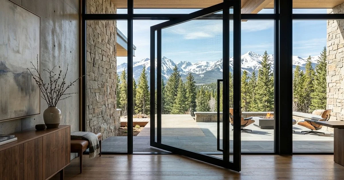 Grand obsidian-framed glass pivot door slightly ajar in a modern Colorado foyer, dramatic natural light