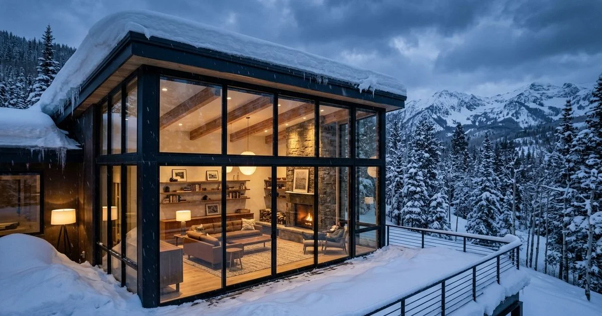 Large aluminum windows of a mountain home under heavy snow load, warm interior, dramatic winter
