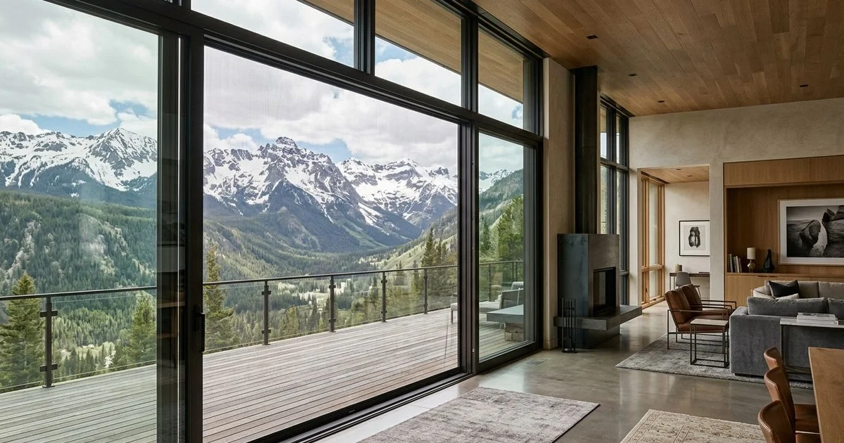 Large opening with a nearly invisible retractable screen drawn across, mountain view preserved