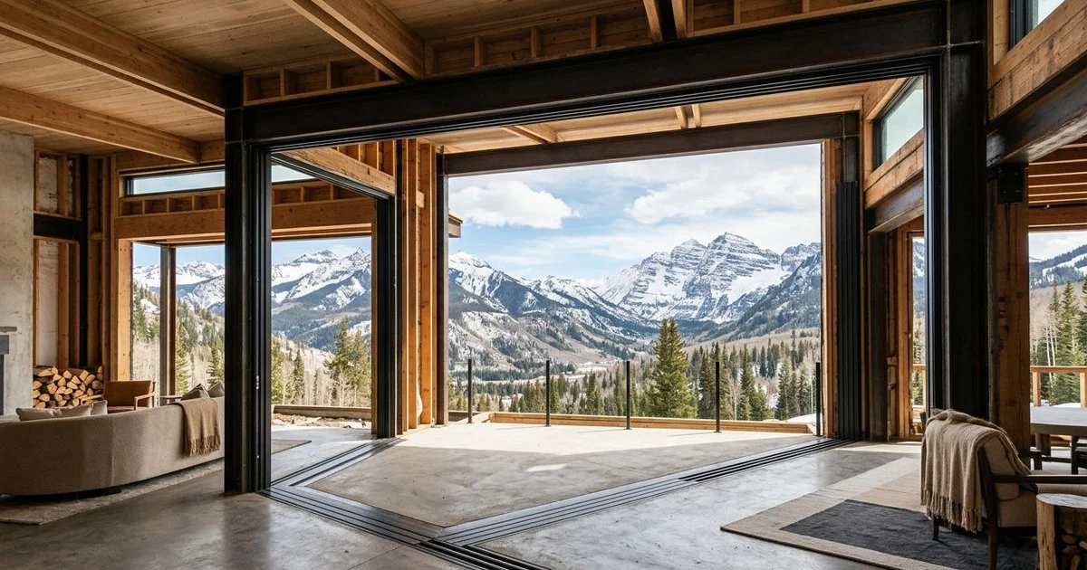Large rough opening framed for a sliding glass wall in a modern build with mountain views