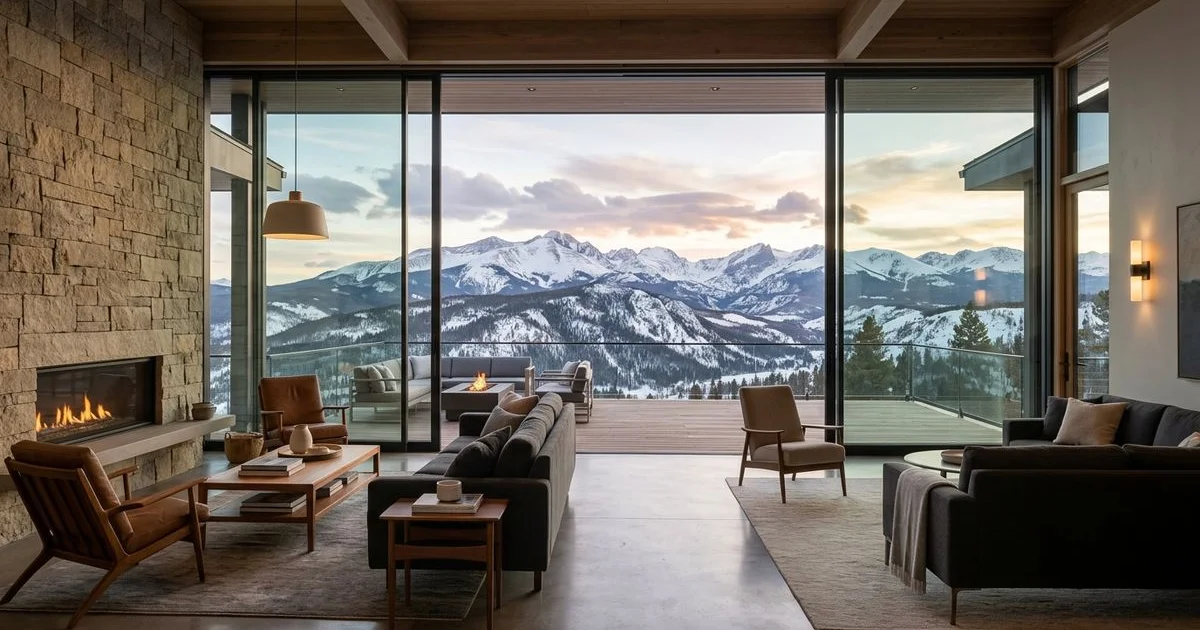 Panoramic sliding glass wall with barely-visible frames framing a mountain vista, minimalist