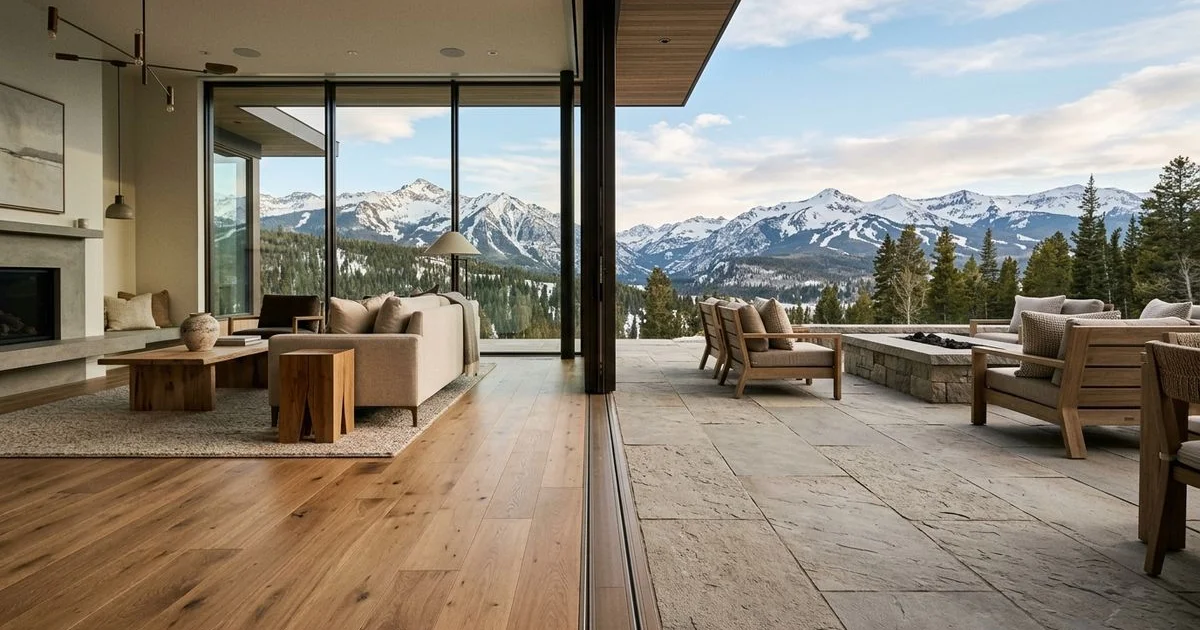 Perfectly flush transition from hardwood floor to stone patio through an open sliding glass wall