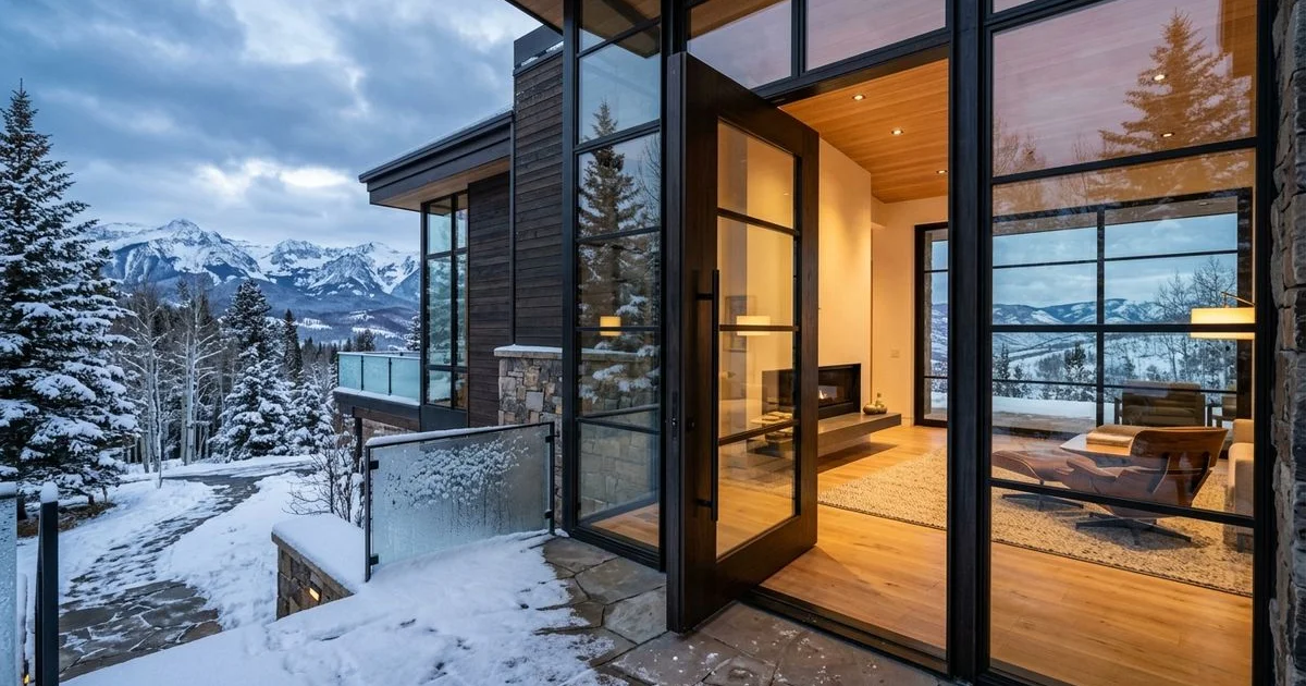 Pivot door entrance of a mountain home dusted with snow, warm interior glow, dramatic winter