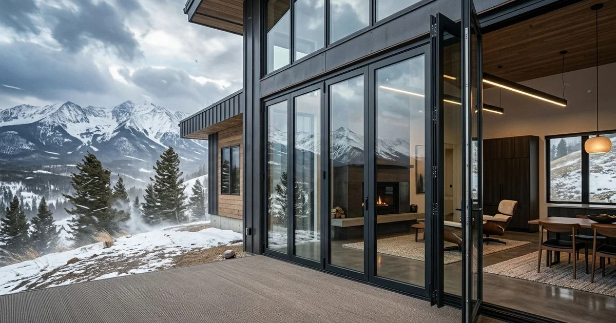 Robust bi-fold glass wall on a modern home enduring high wind, engineered strength