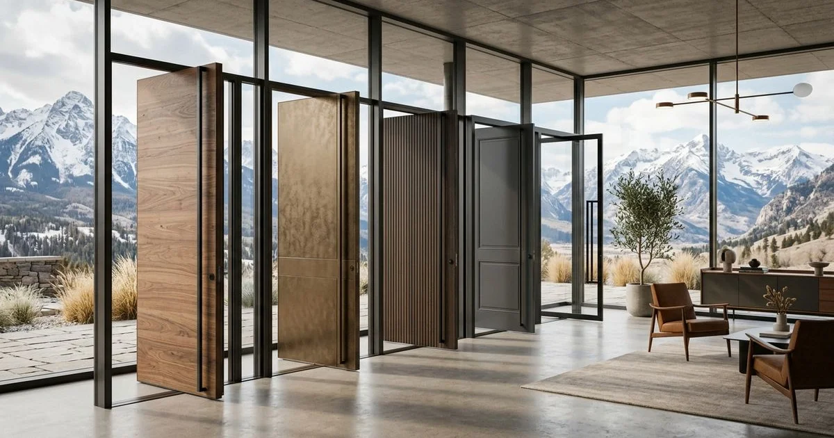 Row of pivot door design styles in varied finishes in a refined showroom, editorial lighting