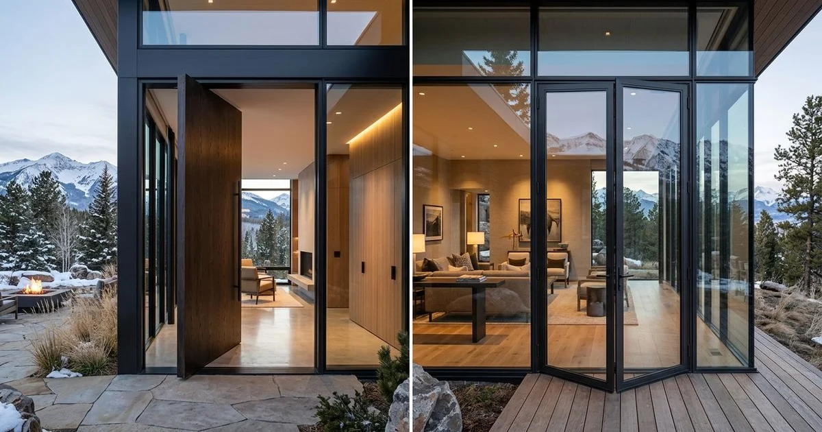 Side-by-side of a grand pivot entrance and a refined hinged entry in modern homes