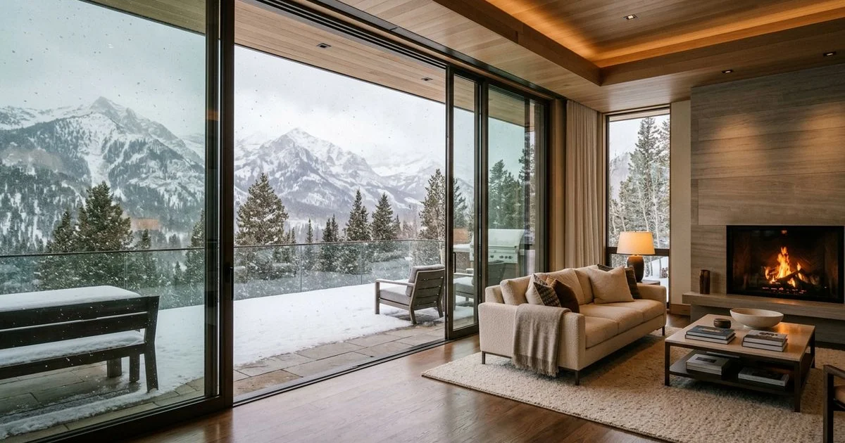 Sliding glass wall of a mountain home during a snow flurry, warm interior, dramatic weather
