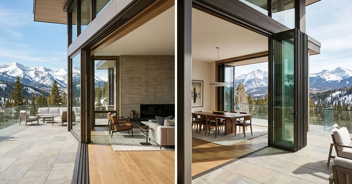 Split composition of an open sliding wall and a folded bi-fold wall in modern homes