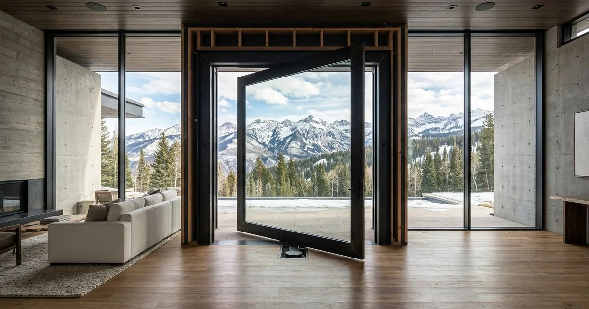 Structural rough opening framed for an oversized pivot door in a modern build, mountain views
