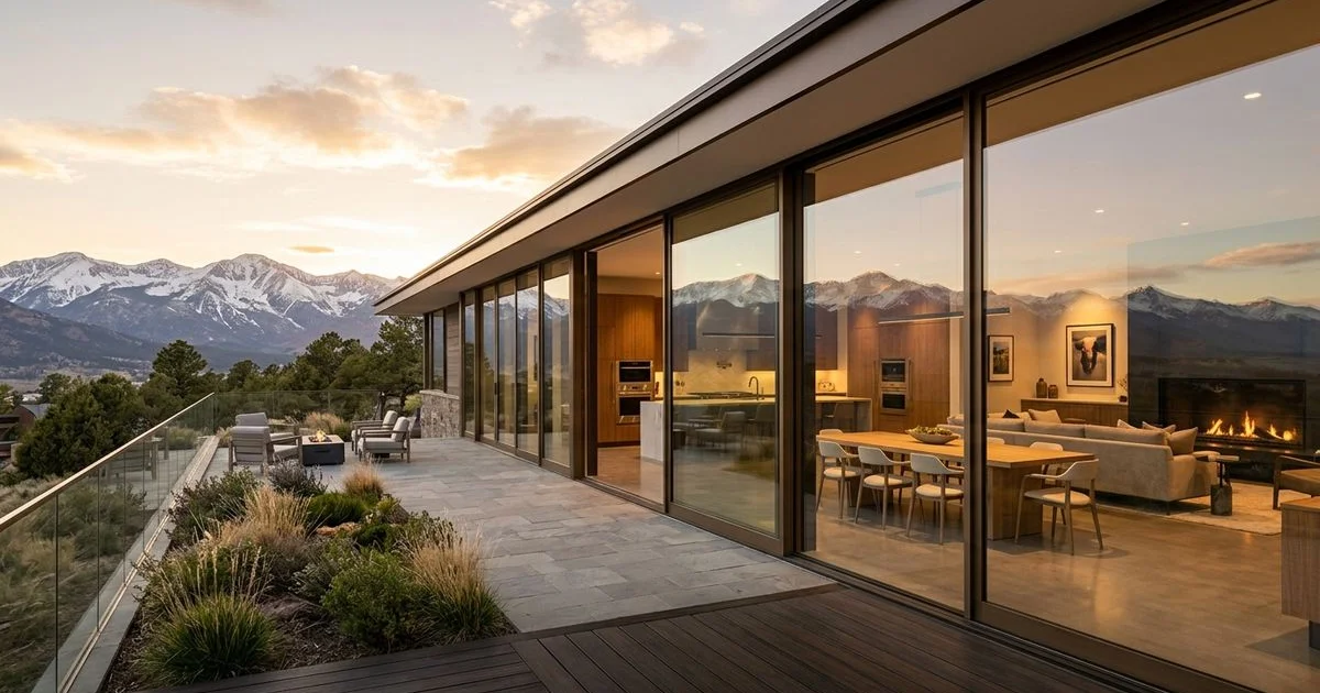 Sweeping panoramic sliding glass wall of a Denver modern home at golden hour, aspirational