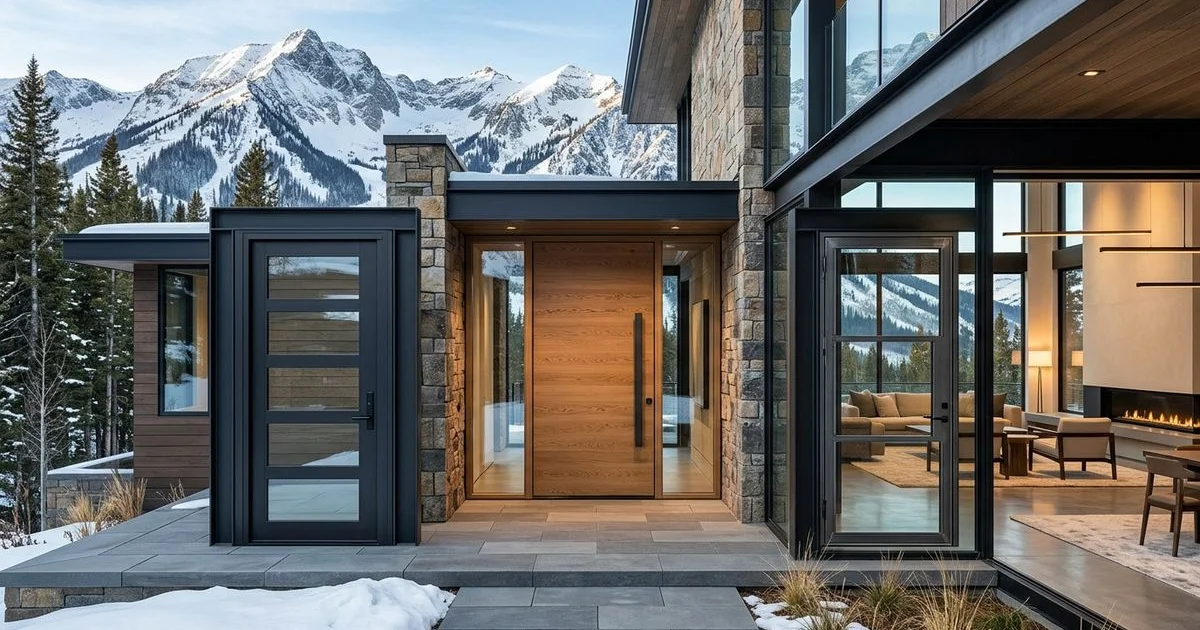 Three refined entry doors in aluminum, wood, and steel in modern settings, editorial comparison